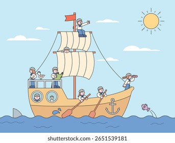 Crianças marinheiro bonito em um navio de aventura navegando no mar sob o sol. Ilustração vetorial de crianças navegando e explorando o oceano juntas.
