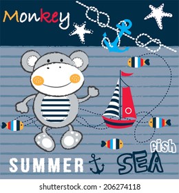 cute sailor monkey fish sailing boat striped background vector illustration