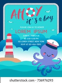 Cute sailor octopus cartoon illustration for boy baby shower invitation card