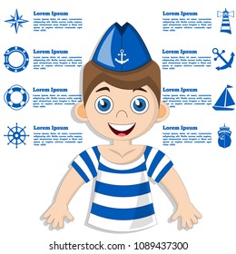 Cute sailor on background of icons. Isolated on white background. Vector illustration.