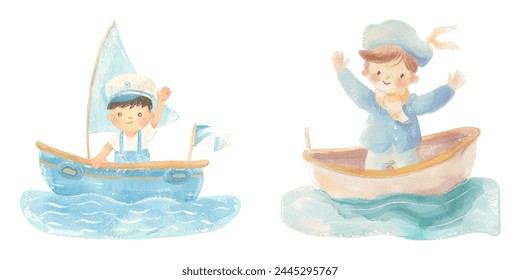 cute sailor on boat watercolor vector illustration 