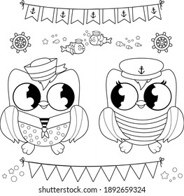 Cute sailor owls marine nautical set. Vector black and white coloring page.