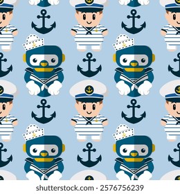 Cute Sailor Robots Seamless Pattern