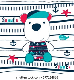 cute sailor teddy bear in baseball cap vector illustration