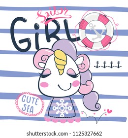 Cute sailor unicorn girl cartoon on striped background illustration vector.