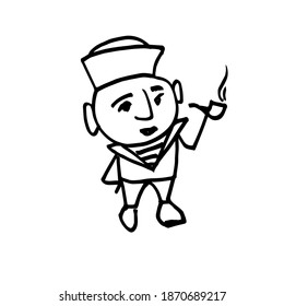 Cute sailor in uniform. A hand-drawn cartoon character. Black and white vector illustration