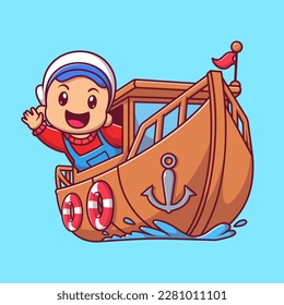 Cute Sailor Waving Hand on Boat Cartoon Vector Icon Illustration. People Transportation Icon Concept Isolated Premium Vector. Flat Cartoon Style