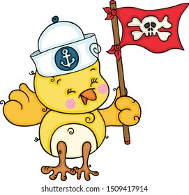Cute sailor yellow bird holding a pirate flag