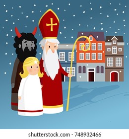 Cute Saint Nicholas with angel, devil, old town houses and falling snow. Christmas invitation card, vector illustration, winter background