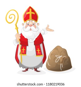 Cute Saint Nicholas cartoon character with gift bag on the floor