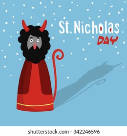 Cute Saint Nicholas day greeting card with devil, flat design, vector illustration 