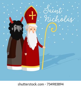 Cute Saint Nicholas with devil and falling snow. Christmas invitation card, vector illustration, winter background