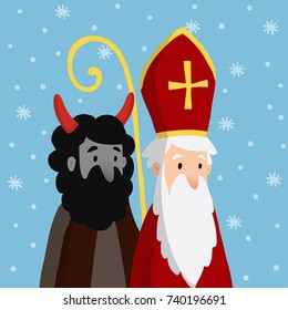 Cute Saint Nicholas with devil and falling snow. Christmas invitation card, vector illustration, winter background