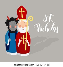 Cute Saint Nicholas with devil and lettering text. Christmas invitation card, vector illustration, winter background