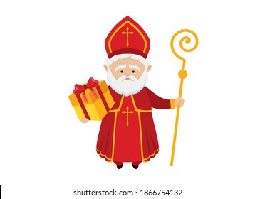Cute Saint Nicholas with gift box icon vector. St. Nicholas with a crutch and a red robe icon isolated on a white background. St. Nicholas with gift vector