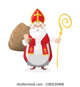 Cute Saint Nicholas with gifts in bag - cartoon character