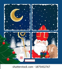 Cute Saint Nicholas with gifts in bag stands outdoor looking at window, lefts a gift box , apple for kid on Christmas eve. Winter landscape, moon at sky.  Cartoon greeting card, vector illustration   