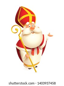 Cute Saint Nicholas with gold scepter presents - vector illustration isolated on white background