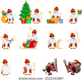 Cute Saint Nicholas And Krampus Cartoon Characters. Vector Flat Design Collection Set Isolated On Transparent Background