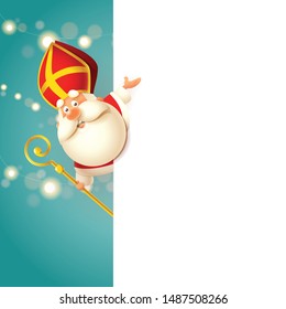 Cute Saint Nicholas on left side of board - happy cute character celebrate holidays - vector illustration