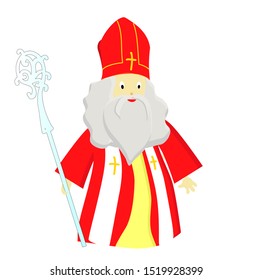 Cute Saint Nicholas with scepter - vector illustration isolated on white background