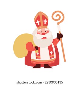 Cute Saint Nicholas or Sinterklaas with bag of gifts and staff. Happy St Nicholas Day. Old man bishop character. Winter Christian holiday. Mascot cartoon vector illustration.