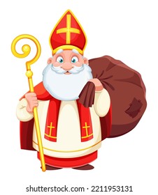 Cute Saint Nicholas or Sinterklaas with big bag. Happy Saint Nicholas Day. Cute cartoon character