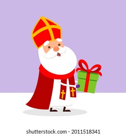 Cute Saint Nicholas or Sinterklaas bring presents to children - vector illustration