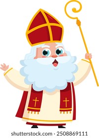 Cute Saint Nicholas or Sinterklaas Cartoon Character Holding A Scepter And Waving For Greeting. Vector Illustration Flat Design Isolated On Transparent Background