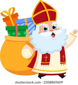 Cute Saint Nicholas or Sinterklaas Cartoon Character Carrying Sack Full Of Gifts. Vector Illustration Flat Design Isolated On Transparent Background