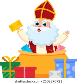 Cute Saint Nicholas or Sinterklaas Cartoon Character With A Letter In A Sack Full Of Gifts. Vector Illustration Flat Design Isolated On Transparent Background