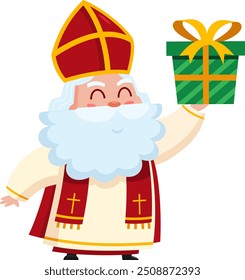 Cute Saint Nicholas or Sinterklaas Cartoon Character Holding Up A Gift Box. Vector Illustration Flat Design Isolated On Transparent Backgroun