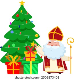 Cute Saint Nicholas or Sinterklaas Cartoon Character Putting Star On Christmas Tree With Gift Boxes. Vector Illustration Flat Design Isolated On Transparent Background