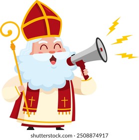 Cute Saint Nicholas or Sinterklaas Cartoon Character Speaking Through A Megaphone. Vector Illustration Flat Design Isolated On Transparent Background