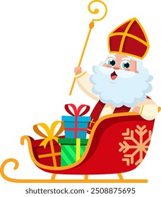 Cute Saint Nicholas or Sinterklaas Cartoon Character Sleigh Filled With Christmas Toys And Presents. Vector Illustration Flat Design Isolated On Transparent Background