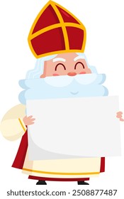 Cute Saint Nicholas or Sinterklaas Cartoon Character Holding A Blank Sign. Vector Illustration Flat Design Isolated On Transparent Background