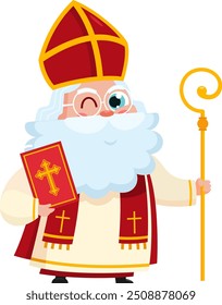 Cute Saint Nicholas or Sinterklaas Cartoon Character With Bible And Scepter. Vector Illustration Flat Design Isolated On Transparent Background