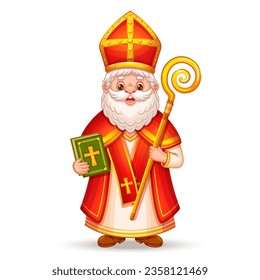 Cute Saint Nicholas, Sinterklaas character, happy St Nicolas winter holiday day. Christmas Christian Santa old man give gift children. Funny person in religion costume hold book, stick cartoon vector