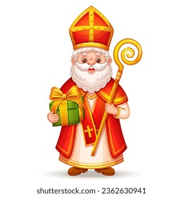 Cute Saint Nicholas, Sinterklaas character with children gift box, happy St Nicholas winter holiday day. Christian religion bishop hold kid surprise present. Festive Christmas Santa man cartoon vector