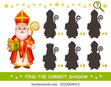 Cute Saint Nicholas, Sinterklaas character, find correct shadow shape. Children education puzzle game. St Nicholas holiday day. Religion bishop. Search silhouette. Kid logic learning worksheet. Vector