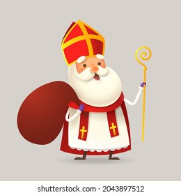 Cute Saint Nicholas or Sinterklaas is coming to town with gifts - vector illustration