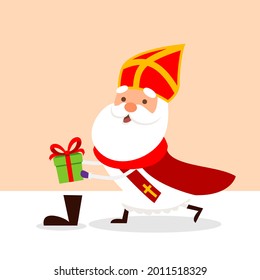 Cute Saint Nicholas or Sinterklaas fill shoes with gifts - vector illustration