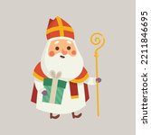 Cute Saint Nicholas Sinterklaas with gift - cartoon style vector illustration