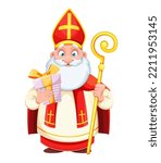 Cute Saint Nicholas or Sinterklaas with gift box. Happy Saint Nicholas Day. Cute cartoon character