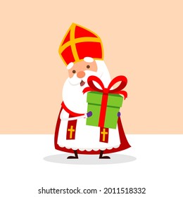 Cute Saint Nicholas or Sinterklaas with gift for you - vector illustration