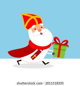 Cute Saint Nicholas or Sinterklaas with gift - vector illustration