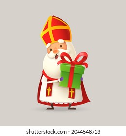 Cute Saint Nicholas or Sinterklaas with gift for you - 3D vector illustration