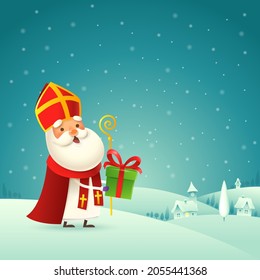 Cute Saint Nicholas - Sinterklaas with gift is coming to town - winter night landscape