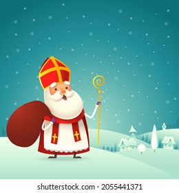 Cute Saint Nicholas - Sinterklaas with gift bag iso coming to town - winter night landscape