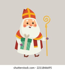 Cute Saint Nicholas Sinterklaas with gift - cartoon style vector illustration